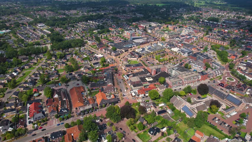 An Aerial panoramic view of the old town of the city Roden on a sunny day in Netherland.