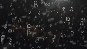 Greek letters and mathematical symbols animation over dark background with connecting lines. Abstract, mathematics, technology, science, digital, networking - Powered by Shutterstock - Get 15% off with code: PIKWIZARD15