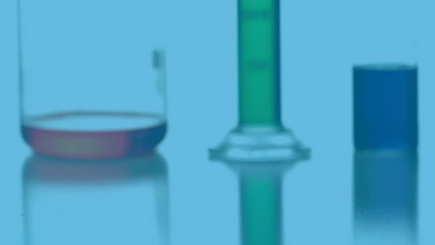 Syringe and laboratory glassware with chemical formulas, scientific research animation. Science, chemistry, experiment, medical, analysis, beaker
