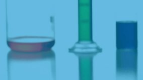 Syringe and laboratory glassware with chemical formulas, scientific research animation. Science, chemistry, experiment, medical, analysis, beaker - Powered by Shutterstock - Get 15% off with code: PIKWIZARD15