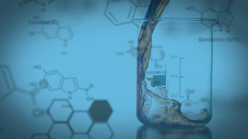 Pouring liquid into beaker over chemical structures animation. Science, chemistry, laboratory, experiment, research, analysis - Powered by Shutterstock - Get 15% off with code: PIKWIZARD15