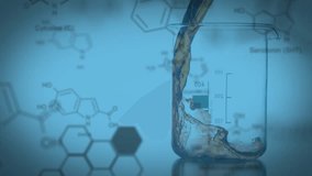 Pouring liquid into beaker over chemical structures animation. Science, chemistry, laboratory, experiment, research, analysis - Powered by Shutterstock - Get 15% off with code: PIKWIZARD15