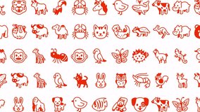 A stop-motion animation featuring playful animal icons in vibrant orange on a white background. A lively animal pattern with various creatures, loop animation. 4K Motion Graphics - Powered by Shutterstock - Get 15% off with code: PIKWIZARD15