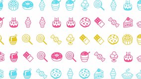 A stop-motion animation featuring colourful sweet icons like cupcakes, donuts, candies, and cakes in pastel hues of blue, yellow, and pink on a white background. Dessert pattern, loop animation. - Powered by Shutterstock - Get 15% off with code: PIKWIZARD15