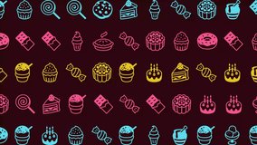 A stop-motion animation featuring colourful sweet icons like cupcakes, donuts, candies, and cakes in pastel hues of blue, yellow, and pink on a brown background. Dessert pattern, loop animation. - Powered by Shutterstock - Get 15% off with code: PIKWIZARD15