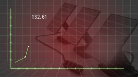Fluctuating line graph animation over solar panels and electronic devices. Technology, renewable, sustainability, innovation, progress, data - Powered by Shutterstock - Get 15% off with code: PIKWIZARD15