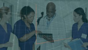 Bar graph and data analysis animation over medical professionals discussing patient information. Business, discussion, presentation, statistics, healthcare, meeting - Powered by Shutterstock - Get 15% off with code: PIKWIZARD15