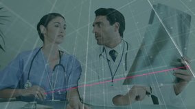 Doctors discussing patient data with bar graph animation over them. Healthcare, medical, teamwork, analysis, innovation, technology - Powered by Shutterstock - Get 15% off with code: PIKWIZARD15