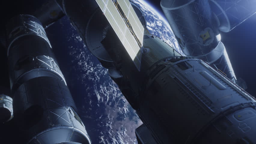 a large space station with residential modules in orbit of an inhabited planet, a concept for exploring space and distant planets