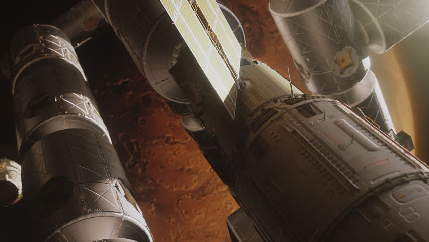 a large space station with residential modules orbiting Mars. the concept of exploring distant planets