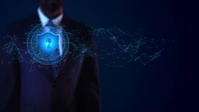 Businessman virtual display HUd Hologram Data science Cyber Security Privacy Business Internet Technology network protection. Biometric identification cyber security attack protect online digital. - Powered by Shutterstock - Get 15% off with code: PIKWIZARD15