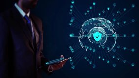 Businessman virtual display HUd Hologram Digital Cyber security Protection Encrypted cybersecurity, padlock information data, cyber threats. Cyber crime network attack, system security. privacy idea - Powered by Shutterstock - Get 15% off with code: PIKWIZARD15