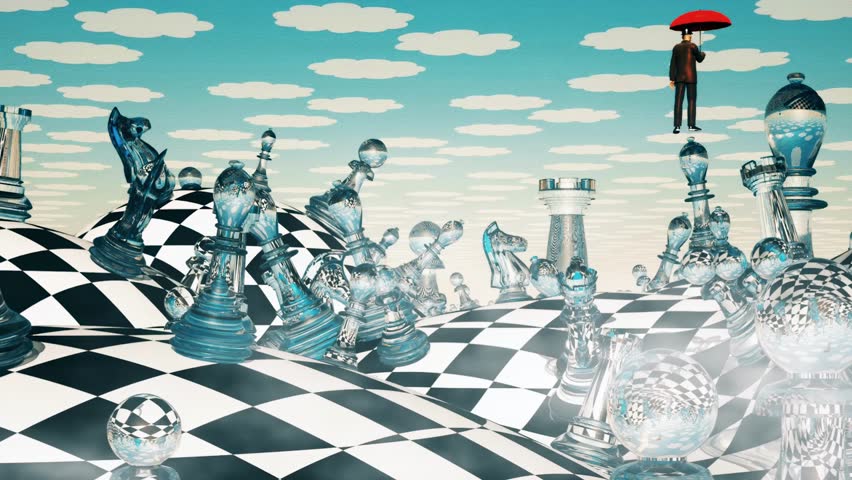 Surreal chess landscape and hovering man with red umbrella