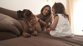 Smiling mother helping daughter to touch pet dog on sofa - Powered by Shutterstock - Get 15% off with code: PIKWIZARD15