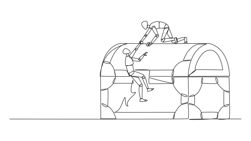 Animation of single continuous line drawing smart robot helps colleague climbing the big treasure chest. Get extraordinary profits. Share equally. Stronger together. Reward. Full length motion 