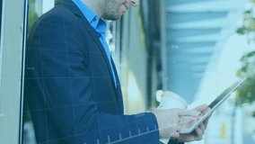 Animation of financial data processing over caucasian businessman using tablet in office. Global business, finances, computing and digital interface concept digitally generated video. - Powered by Shutterstock - Get 15% off with code: PIKWIZARD15