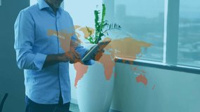 Animation of world map with data processing over biracial businessman using tablet in office. Global business, finances, computing and digital interface concept digitally generated video. - Powered by Shutterstock - Get 15% off with code: PIKWIZARD15