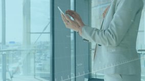 Animation of financial data processing over biracial businesswoman using tablet in office. Global business, finances, computing and digital interface concept digitally generated video. - Powered by Shutterstock - Get 15% off with code: PIKWIZARD15