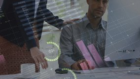 Animation of financial data processing over diverse colleagues discussing work in office. Global business, finances, computing and digital interface concept digitally generated video. - Powered by Shutterstock - Get 15% off with code: PIKWIZARD15