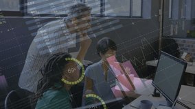 Animation of financial data processing over diverse colleagues discussing work in office. Global business, finances, computing and digital interface concept digitally generated video. - Powered by Shutterstock - Get 15% off with code: PIKWIZARD15