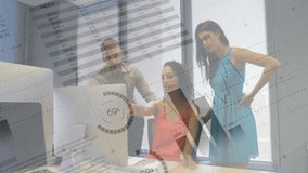 Animation of financial data processing over diverse colleagues discussing work in office. Global business, finances, computing and digital interface concept digitally generated video. - Powered by Shutterstock - Get 15% off with code: PIKWIZARD15