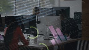 Animation of financial data processing over diverse colleagues working in office. Global business, finances, computing and digital interface concept digitally generated video. - Powered by Shutterstock - Get 15% off with code: PIKWIZARD15