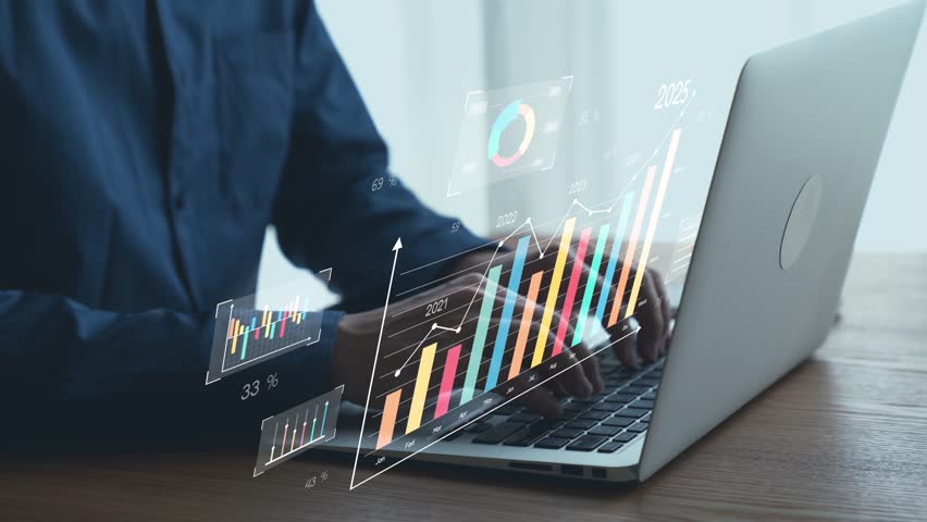 Business person evaluates metrics for business growth, setting goals for expansion. Insights on fostering continuous business growth through innovation and strategy 2025. UUID