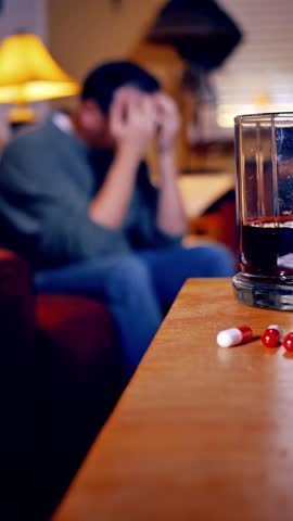 A vertical view of a man struggling with alcohol and drug addiction.	