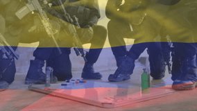 Animation of flag of colombia over diverse male soldiers. Military service, patriotism and national flags concept digitally generated video. - Powered by Shutterstock - Get 15% off with code: PIKWIZARD15