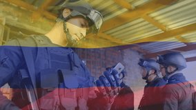 Animation of flag of colombia over diverse male soldiers. Military service, patriotism and national flags concept digitally generated video. - Powered by Shutterstock - Get 15% off with code: PIKWIZARD15