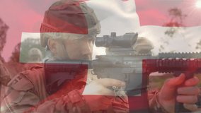Animation of flag of swizterland over diverse soldiers shooting. Armed forces, war, conflict, patriotism and defence concept digitally generated video. - Powered by Shutterstock - Get 15% off with code: PIKWIZARD15