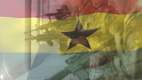 Animation of flag of ghana over diverse soldiers shooting. Armed forces, war, conflict, patriotism and defence concept digitally generated video. - Powered by Shutterstock - Get 15% off with code: PIKWIZARD15