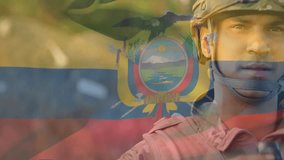 Animation of flag of equador over caucasian soldier with binoculars. Armed forces, war, conflict, patriotism and defence concept digitally generated video. - Powered by Shutterstock - Get 15% off with code: PIKWIZARD15