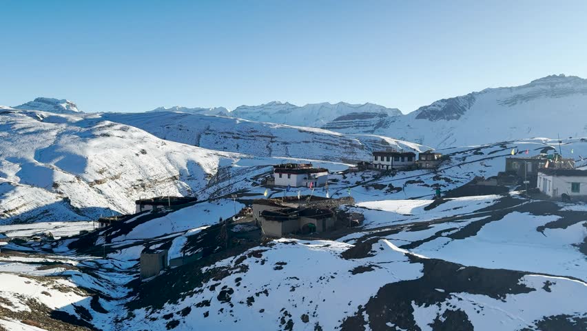Sun shining over the Hikkim village of Spiti Valley , Himachal Pradesh, India.