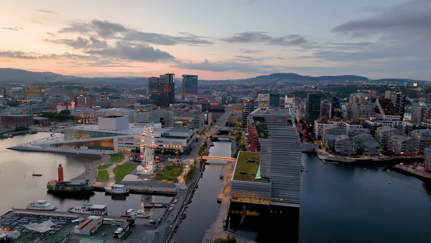 Behold this Stunning Aerial View Showcasing Modern Architecture and the Beautiful Waterfront. Oslo, opera along the seaside fjord, Norway