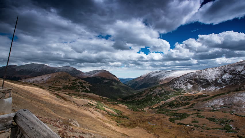 Aerial Panning Time Lapse Scenic Shot Of Snow On Mountains Under Clouds In Sky - Rocky Mountain National Park, Colorado