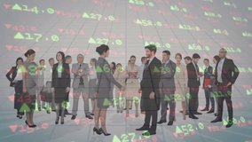 Business people shaking hands with stock market data and technology icons animation. partnership, finance, investment, handshake, agreement, growth - Powered by Shutterstock - Get 15% off with code: PIKWIZARD15