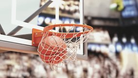 Basketball ball going through hoop net on a basketball arena. Slow motion 3d video animation. 3D Illustration - Powered by Shutterstock - Get 15% off with code: PIKWIZARD15