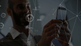 Interacting with network connections and data processing animation, man using smartphone. Technology, communication, networking, digital, mobile, interface - Powered by Shutterstock - Get 15% off with code: PIKWIZARD15