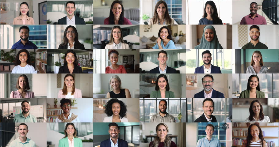 Zoom out collage of numerous head shots of diverse group of people. Portraits of various ages, genders, and ethnicity individuals smiling, looking at camera, posing in offices and home environments