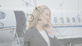 Talking on phone near airplane, businesswoman with network connections and data processing animation. travel, communication, technology, entrepreneur, airport, networking - Powered by Shutterstock - Get 15% off with code: PIKWIZARD15