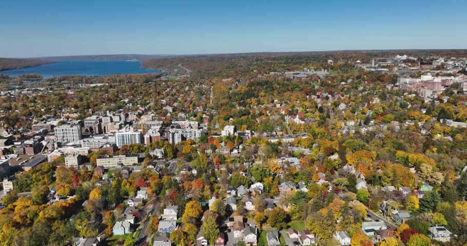 Afternoon fall, autumn, 2022 aerial video of the area surrounding the City of Ithaca, NY, USA	