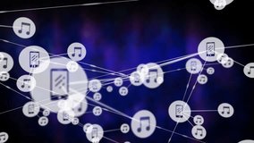 Network of connected devices and media icons animation over blue and purple background. Technology, networking, connectivity, digital, multimedia, communication - Powered by Shutterstock - Get 15% off with code: PIKWIZARD15