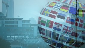 Rotating globe with international flags animation over urban cityscape. Globalization, diversity, unity, metropolis, skyline, world - Powered by Shutterstock - Get 15% off with code: PIKWIZARD15