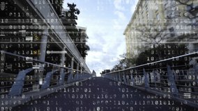 Binary code animation over people walking on city street. Technology, digital, urban, data, futuristic, connectivity - Powered by Shutterstock - Get 15% off with code: PIKWIZARD15