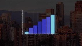 Bar chart animation over cityscape with tall buildings. Data, analytics, economy, growth, statistics, finance - Powered by Shutterstock - Get 15% off with code: PIKWIZARD15