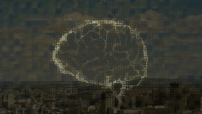 Digital brain animation over cityscape with buildings and cloudy sky. Technology, innovation, artificial intelligence, futuristic, skyline, clouds - Powered by Shutterstock - Get 15% off with code: PIKWIZARD15