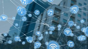 Network of connections and music icons animation over city buildings. Networking, urban, skyline, technology, communication, digital - Powered by Shutterstock - Get 15% off with code: PIKWIZARD15