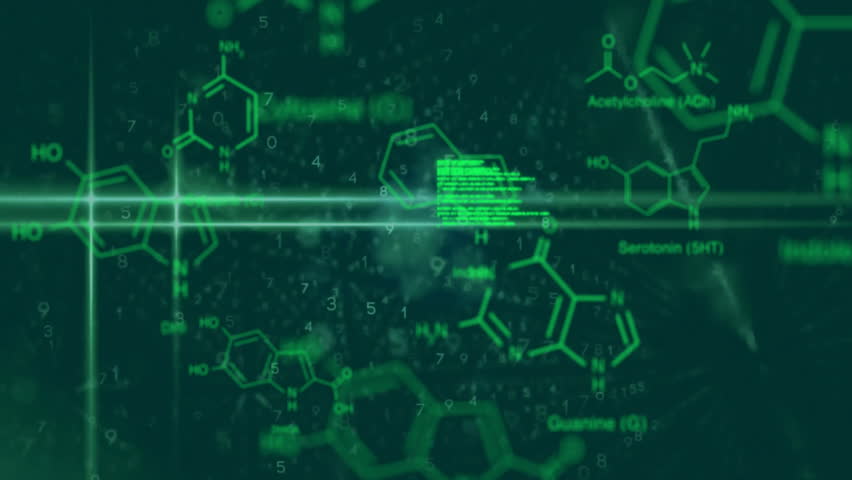 Chemical formulas and data processing animation over green digital background. Science, technology, innovation, analytics, chemistry, futuristic
