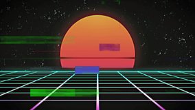 Retro sunset with grid and glitch effects animation over starry background. neon, 80s, synthwave, vaporwave, futuristic, digital - Powered by Shutterstock - Get 15% off with code: PIKWIZARD15